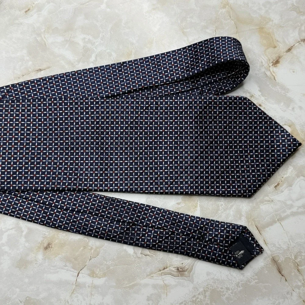 Shore & Singer Navy Geometric Square Navy Silk Tie‎ 3 5/8